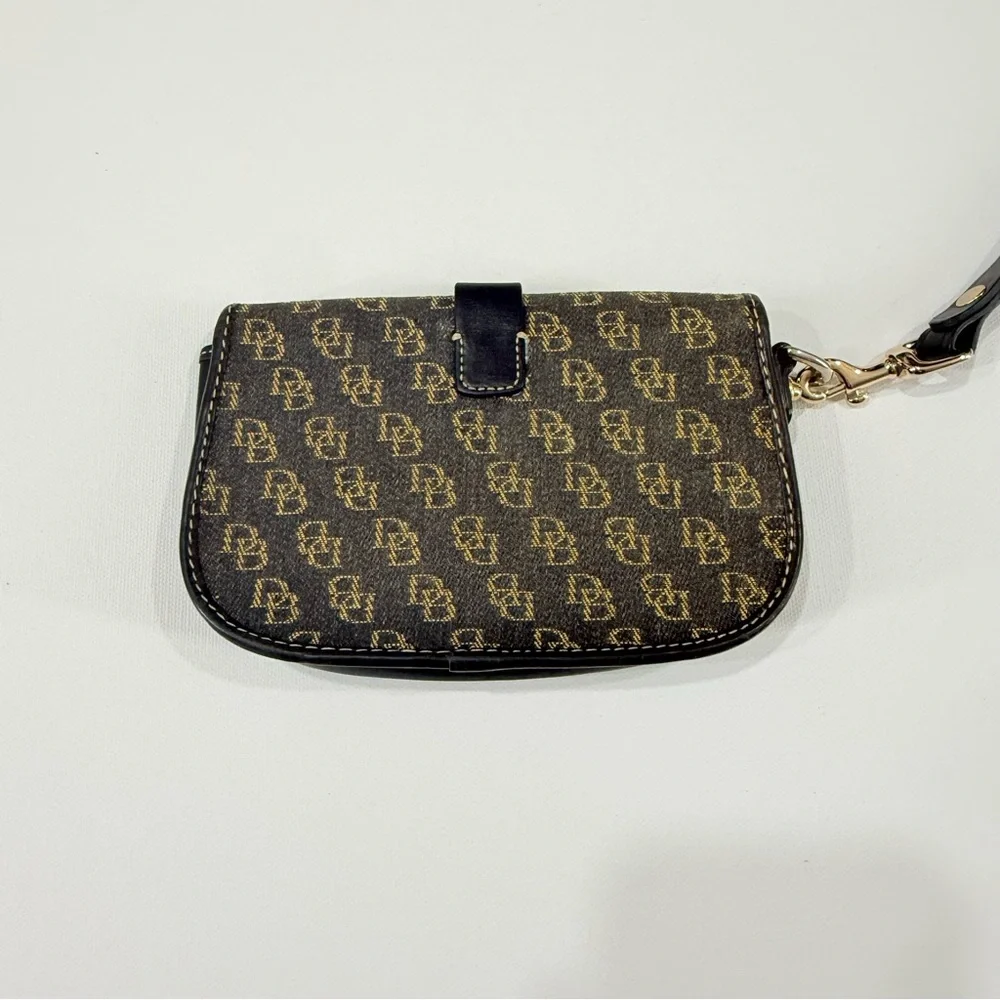 Dooney & Bourke Monogrammed Tan and Black Wristlet Clutch